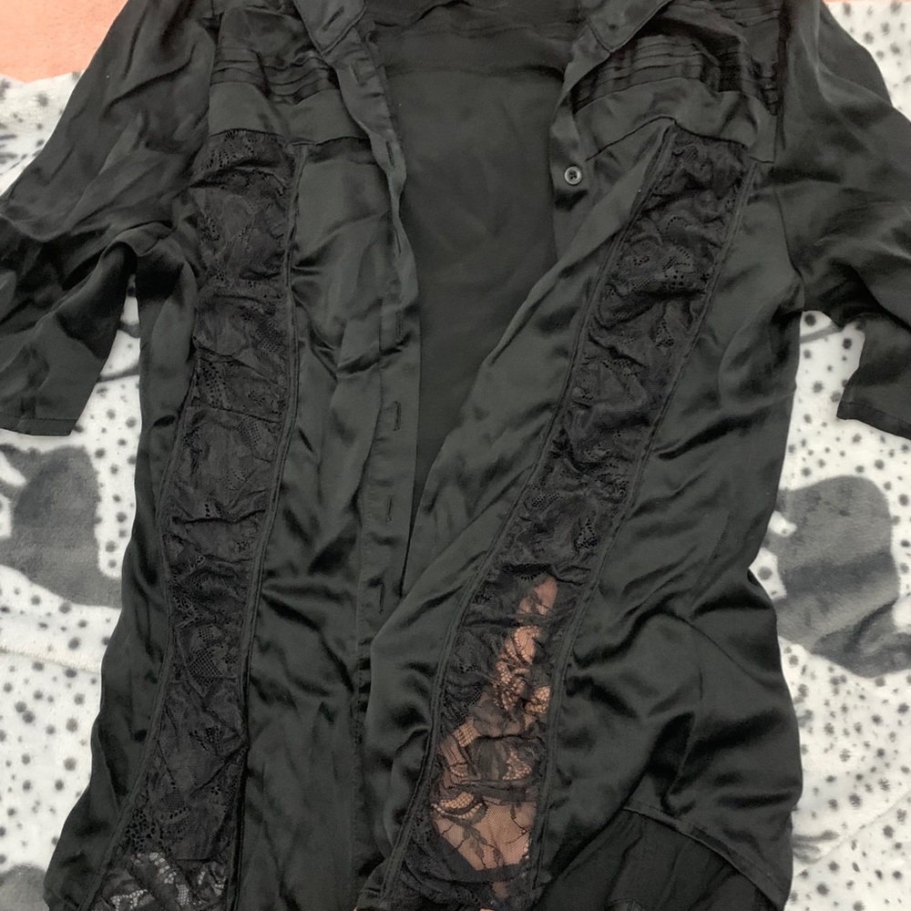 Black satin Bebe blouse w lace detail